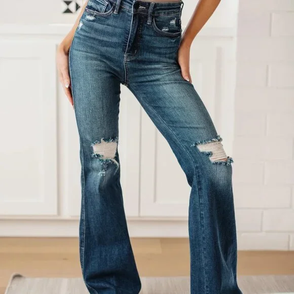 Cassandra High Rise Control Top Distressed Flare Jeans by Judy Blue - Picture 6 of 10